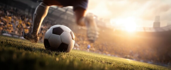 The soccer ball rolls across the vibrant field as the sun sets.