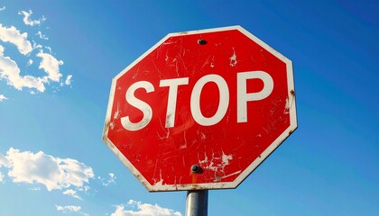 Obraz premium A weathered red octagonal stop sign symbolizing a warning to halt, set against a bright blue sky with fluffy white clouds