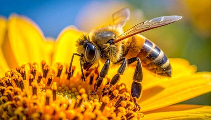 Detailed macro photograph of a busy honeybee pollinating a bright yellow sunflower in the summer sun, showcasing the intricate process of nature