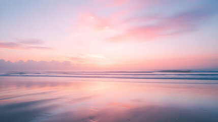 Serene Beach Sunset: Pink Skies Reflect on Ocean Waves for Perfect Vacation Scenery