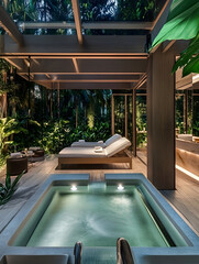 Luxurious Tropical Resort with a Private Plunge Pool and Serene Outdoor Lounge Area.