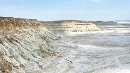 Strange natural sculptures in a white desert area. Limestone and sand rocks. The Bozzhyra tract....