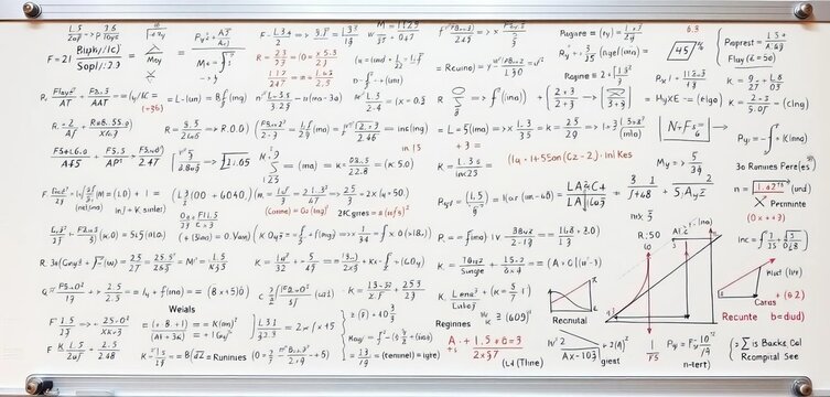 Complex mathematical formulas, equations, and graphs on a whiteboard, illustrating concepts in mathematics, science, and economics,  math,  concept