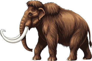Realistic woolly mammoth walking vector illustration, prehistoric extinct ice age animal with tusks, ancient creature isolated on white background