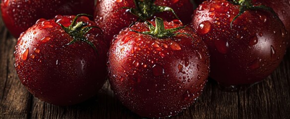 The vibrant red tomatoes glistening with droplets on a rustic wooden surface.