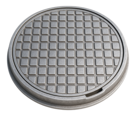 Detailed Overhead View of a Metallic Circular Manhole Cover with Square Grid Pattern, Isolated on Transparent and White Background