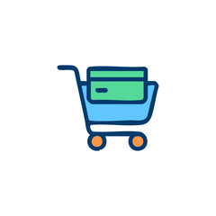 Blue shopping cart with a green credit card suitable for online shopping concepts, ecommerce websites, payment options, and financial transactions.