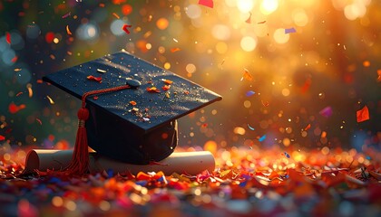 Graduation cap diploma confetti celebration with sunlight, symbolizing achievement, success, and new beginnings in academic life and student milestones.