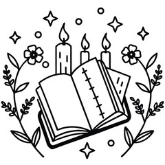 Open book with three candles and floral elements on a white background Keywords: book, open book, candle