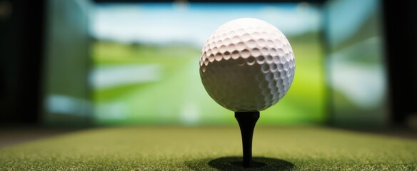 The golf ball positioned on a tee in an indoor simulator environment.