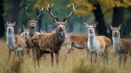 Majestic Herd of Cervids: Stags and Bucks in Tranquil Natural Setting