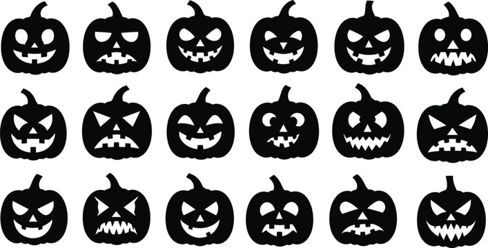 Silhouette Halloween pumpkin faces collection, spooky jack-o’-lantern vector set, scary carved expressions for Halloween decorations and designs