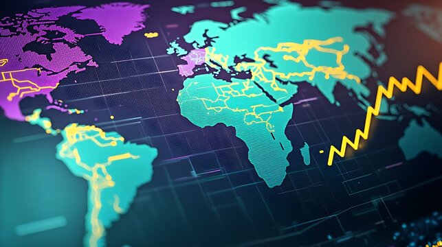 Digital globe concept: World map with binary code on a blue digital screen, illustrating global business and internet communication technology