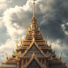 Fototapeta premium Golden Ornate Temple Architecture Against Cloudy Sky in Thailand - Iconic Spiritual Landmark Photography