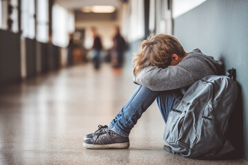 lonely sad crying teen schoolboy boy with backpack is sitting in the hallway at school. School bullying and learning problems. Unhappy depression pupil student is a victim of violence