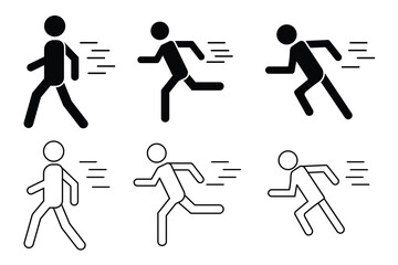 Running icons vector. Set of sports icons. Running man silhouette. Symbol of outline runners person, sprint, athletic, marathon, jogging race, fitness, fast run, run track compition symbol. 