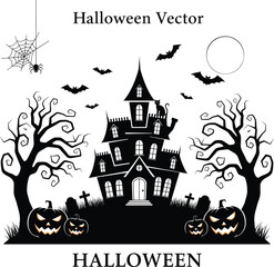 Spooky Halloween haunted house with pumpkins, flying bats, twisted trees, full moon, spider web, and creepy black cat vector