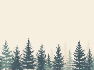 Fototapeta premium Misty Pine Forest Landscape Silhouette with Gradient Sky, Tranquil Nature Scene with Evergreen Trees, Minimalist Outdoor Background for Wallpaper or Design