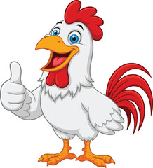 Smiling cartoon rooster giving thumbs up, happy farm chicken mascot character, funny poultry bird illustration for kids and vector design.