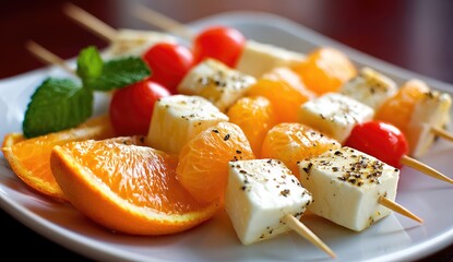 Colorful fruit and cheese skewers on a plate
