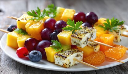 Colorful fruit and cheese skewers on a plate (8)