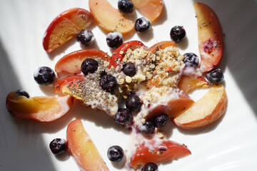Closeup of yogurt with fruits and granola in bowl