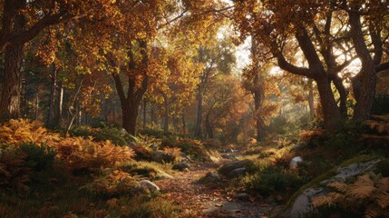 Naklejka premium A peaceful forest path during autumn showcases vibrant orange and yellow leaves. Sunlight filters through tree branches, creating a serene atmosphere filled with tranquility and natural beauty.