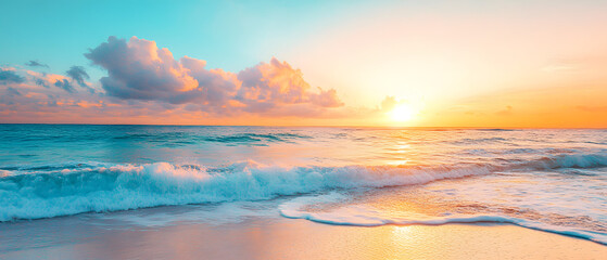 Fototapeta premium Tropical Beach Sunset with Serene Ocean Waves and Idyllic Cloudy Sky