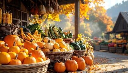Abundant Fall Produce Market With Pumpkins Corn And Squash