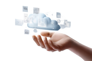 Cloud computing hand data storage network technology solutions it palm on transparent background