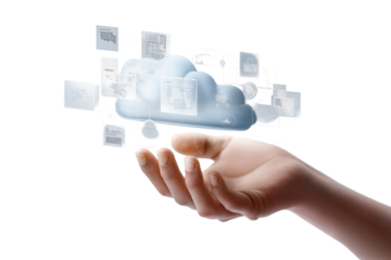 Cloud computing hand data storage network technology solutions it palm on transparent background