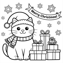 A cute cat wearing a Santa hat wishes happy Merry Christmas gift box coloring page for kids coloring book Print