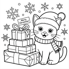 A cute cat wearing a Santa hat wishes happy Merry Christmas gift box coloring page for kids coloring book Print