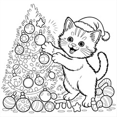 A cute cat wearing a Santa hat wishes happy Merry Christmas gift box coloring page for kids coloring book Print