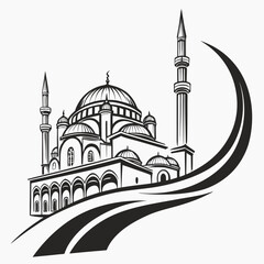 Vector art of a captivating black and white line art illustration of a mosque with minarets and domes, set against a clean, showcasing intricate architectural details and a crescent moon design