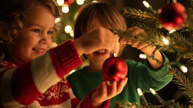 Little Children Decorate Christmas Tree With Red Ornament and Glowing Lights for a Festive Holiday Season, in Front of Dark Background