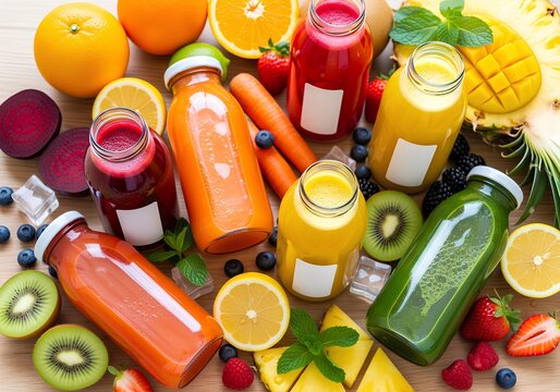 Assorted bottled fruit and vegetable juices with fresh produce