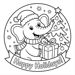 Cute Christmas Elephant in Santa Hat with Gift Line Art kids Coloring Page book Print