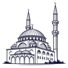 Vector art of detailed line art illustration of a majestic mosque with domes and minarets, symbolizing islamic culture and architecture the precise linework and elegant