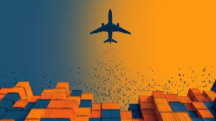 Airplane Flying Over Shipping Containers with Birds, Orange and Blue Modern Aviation Transportation Background