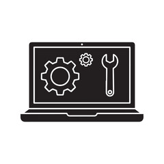 Computer repair service and technical support black glyph icon. Laptop maintenance, system setup with gears and wrench.
