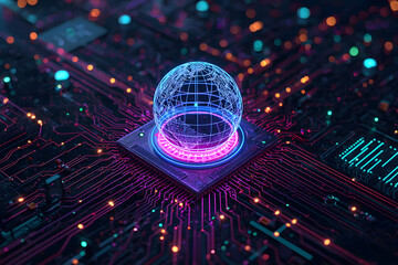 Perspective circuit board with glowing energy at center and wire frame mesh global sphere.