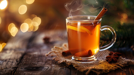 Cozy glass cup of hot apple cider with cinnamon sticks, orange slices, and holiday spices, surrounded by pine branches, festive lights, and seasonal decorations creating a warm winter Christmas atmosp
