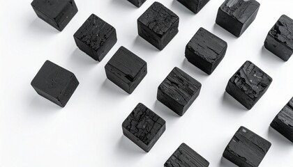 Eight black textured cubes arranged on white surface—minimalist material study for industrial, scientific, or artistic use."