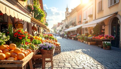 Colorful outdoor market stall with fresh fruits, vegetables, and flowers