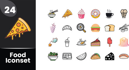 Hand-drawn food icons set featuring pizza coffee cake and various delicious food items