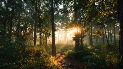 Obraz premium Morning light breaks through the trees in a tranquil forest. Soft rays illuminate the lush greenery and create a peaceful atmosphere, inviting exploration and appreciation of nature.