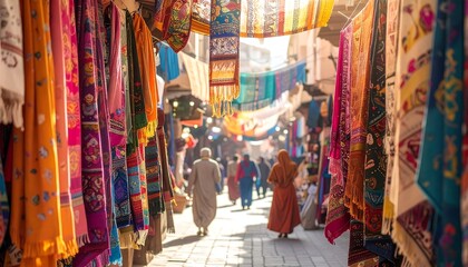 Obraz premium Colorful Textile Market with Hanging Fabrics and Shoppers