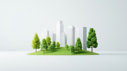 Urban Landscape with Green Trees and White Buildings on a Plain Background