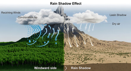 Illustrative diagram explaining the rain shadow effect on a mountain's windward and leeward sides.